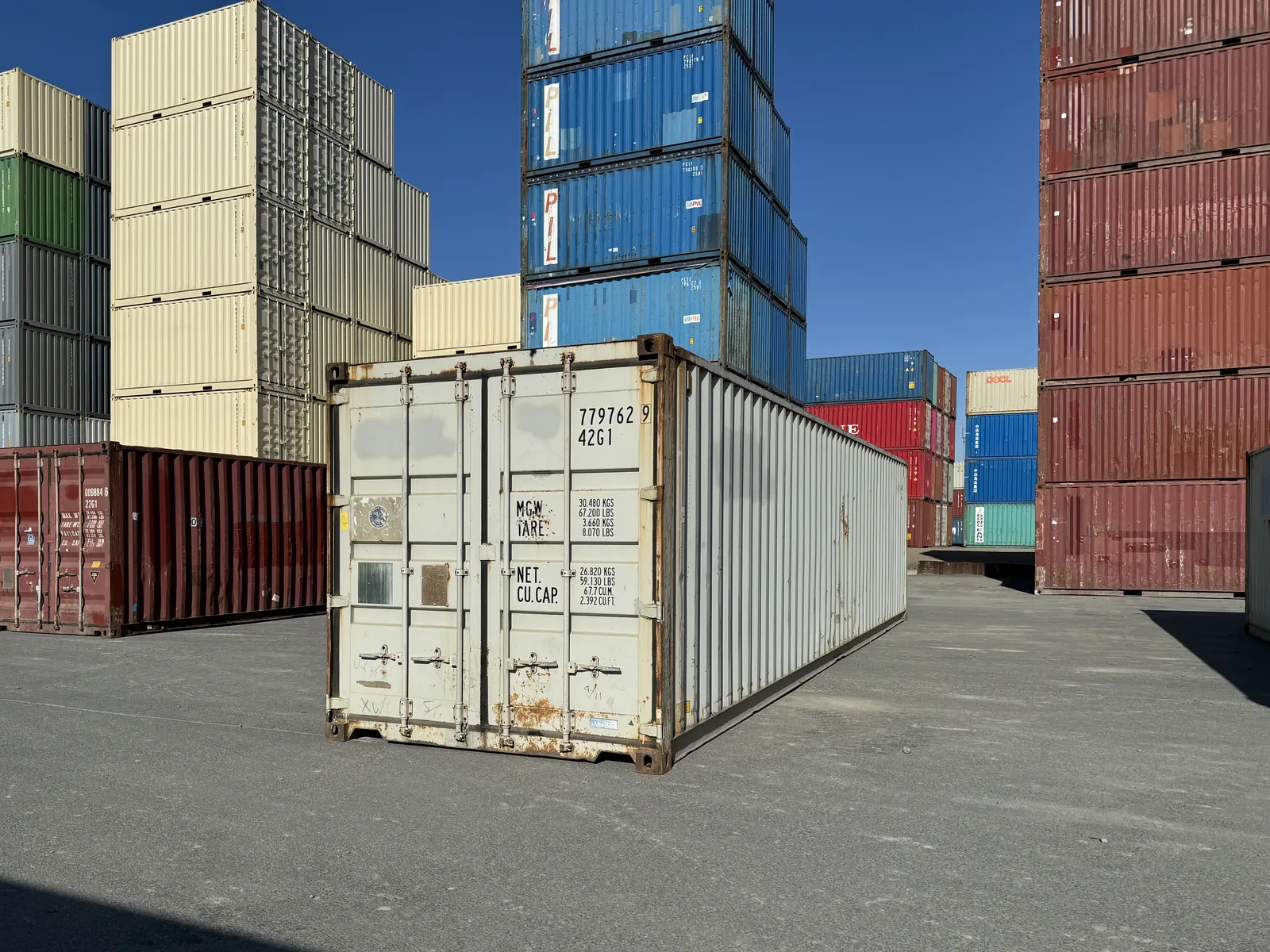 White used 40ft container seen from the door end